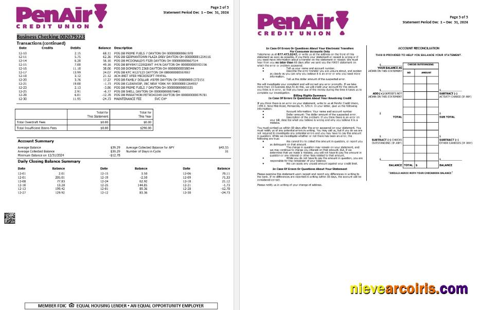 USA Florida PenAir Credit Union bank statement, 3 pages 2